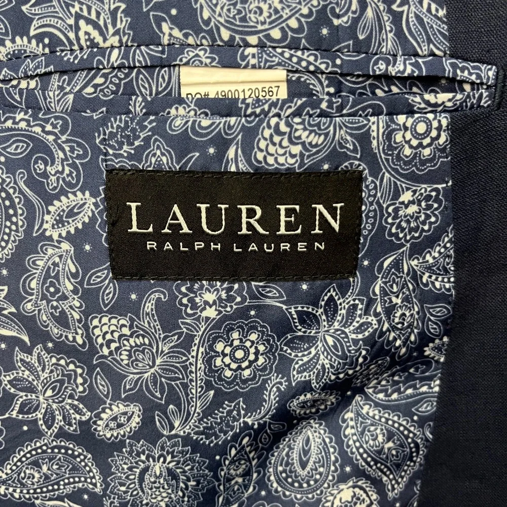 Lauren Ralph Lauren Suit Coat Blazer Men 54R Navy Blue 100% Linen Paisley Lining
